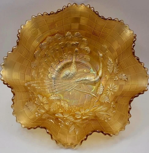 Antique Carnival Glass Northwood Peacocks On The Fence Marigold 8” Bowl