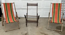 Pair Vintage Wooden Canvas Folding Deck Lounge Chairs with One Without Canvas