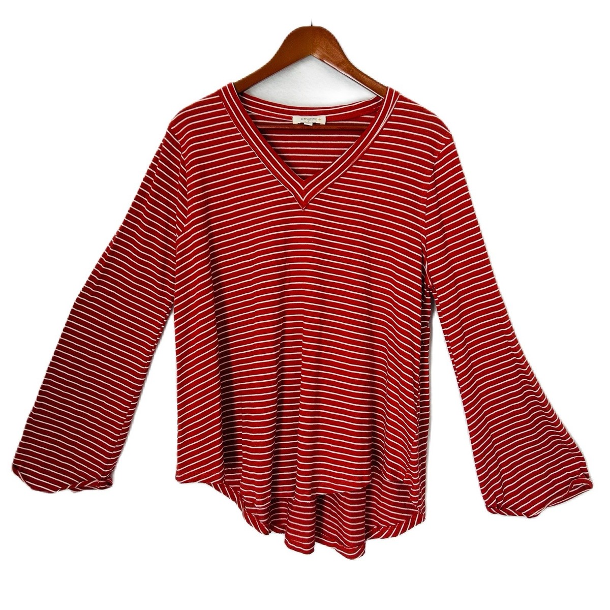 Umgee USA Blouse Women XL Rust White Stripe Hi Lo Linen Cotton Raw Edges  Boho