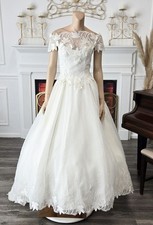 Bianchi Vintage 80s Ivory Embroidered Organza Floral Illusion Wedding Dress sz 8