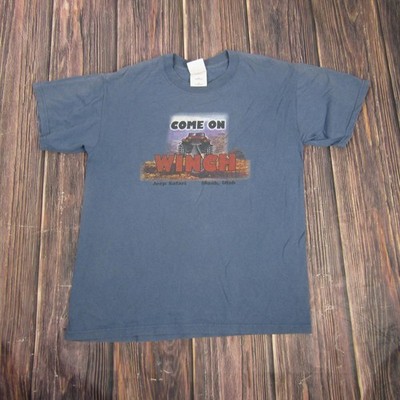 Jeep Safari Shirt Mens Medium Blue Come On Winch Moab Utah Off Road Adventure