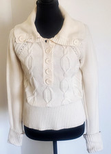 DKNY Womens Chunky Cable Knit Button Up Collard Sweater M Cotton Nautical Beachy