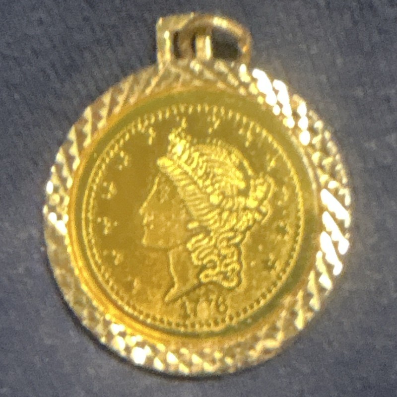Bicentennial Liberty Head Gold Tone Eagle Coin Pendant Charm, Round Bezel Frame