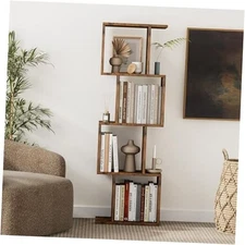  4-Tier Bookshelf, S-Shaped Geometric Bookcase, Modern Display Rustic Brown
