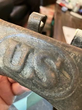 Antique leather "US" pistol cartridge box, paper ammo insert, belt loops, RIA