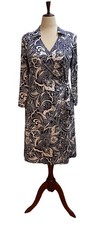 Talbots Dress Womens Size Large Navy White Paisley Faux Wrap 3/4 Sleeves Midi