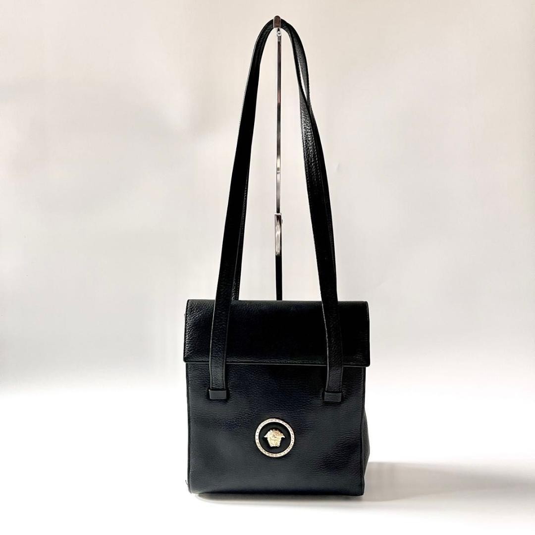 Versace Leather Shoulder Bag Tote Black Flap Medusa Grained Leather Used thumbnail 3