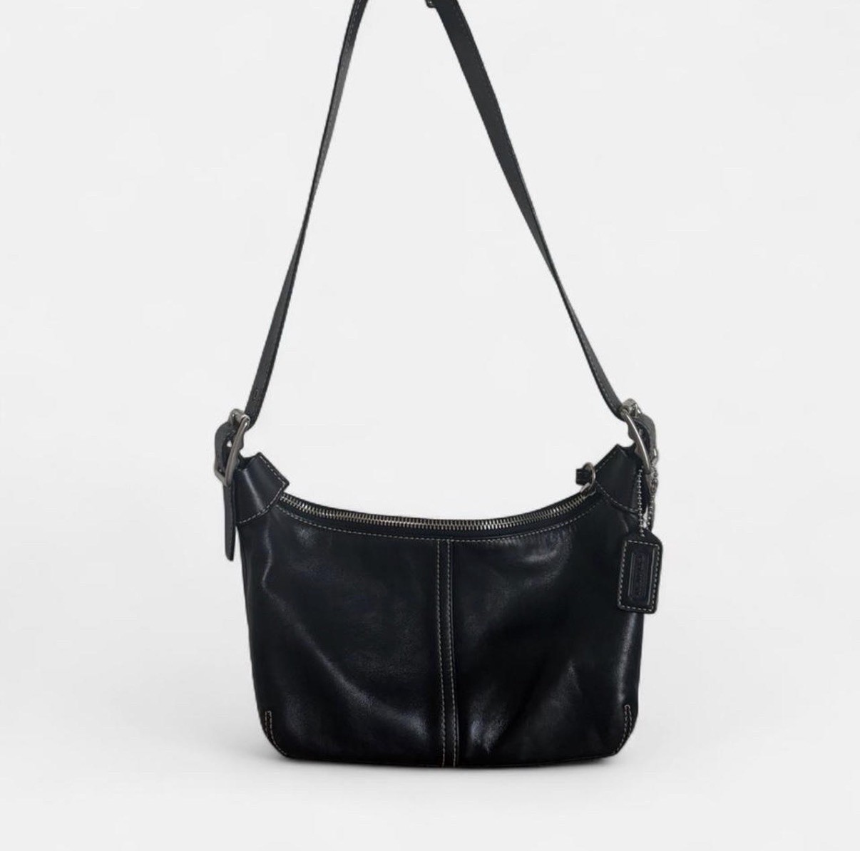 Coach Black Shoulder Bag with Stitching, Zipper Accents, Silver Hardware