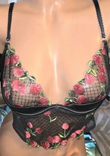 Victoria Secret bra Bustier 36B   Cherries Satin Pushup Black Unlined Longline