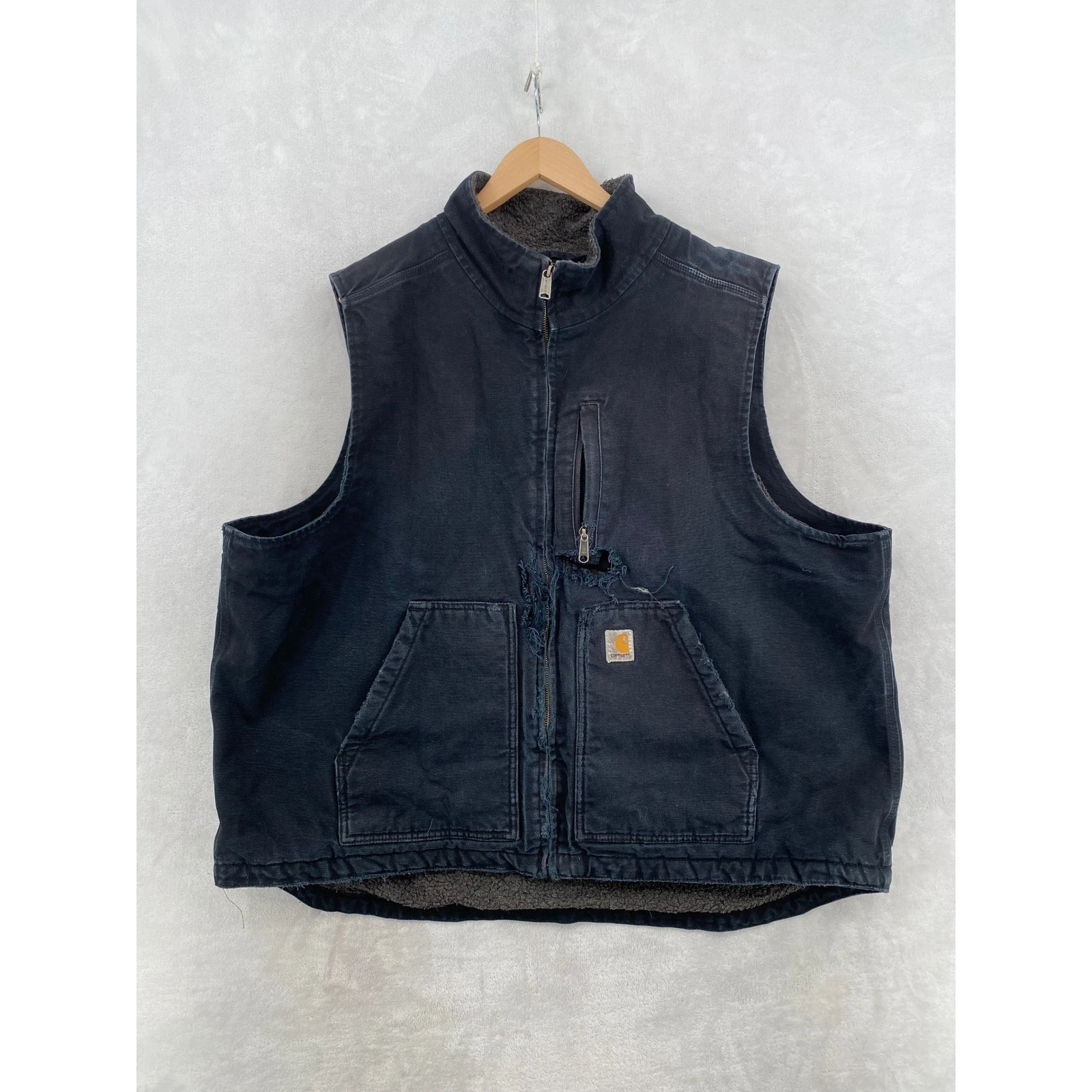 Carhartt Vest Men 2XL Black Distressed Sherpa Lined Duck Canvas Workwear 104277