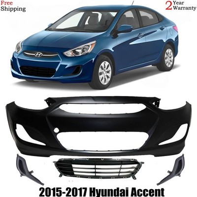 Front Bumper Cover Fascia & Lower Grille Kit For 2015-2017 Hyundai Accent