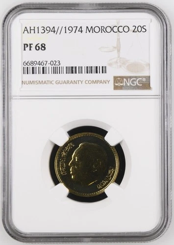 1974 Morocco 20 Santimat Centimes Hassan II Coin AH1394 NGC PF 68