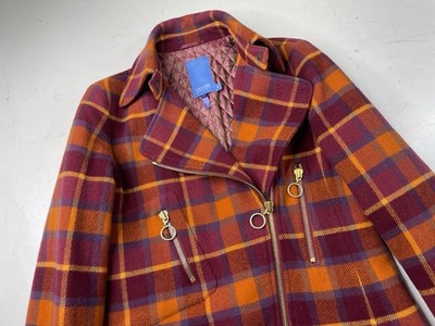 ESCADA SPORT 100% WOOL PLAID COAT MOTO JACKET FULL ZIP ORANGE PURPLE SIZE 36