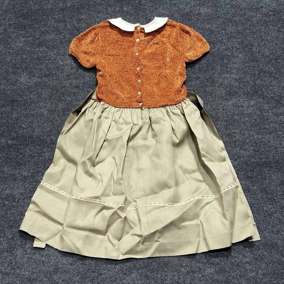 Vestido Vintage Hecho a Mano Niñas 6-7 Cuello Peter Pan Calado Acción de Gracias Cosecha Foto 2 de 4