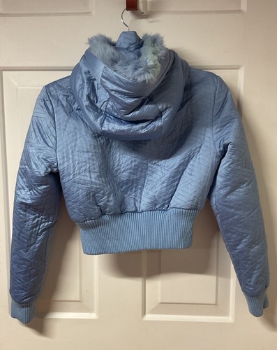 Bebe 2000s Y2K Jacket Bomber Puffer Down Cropped Baby Blue Rabbit Fur Size Xs - Picture 12 of 14