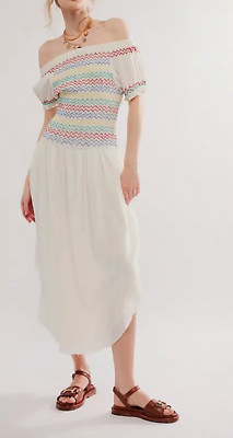 NEW FREE PEOPLE WHITE COMBO CATCH ME EMBROIDERED OFF SHOULDER MIDI DRESS SZ L