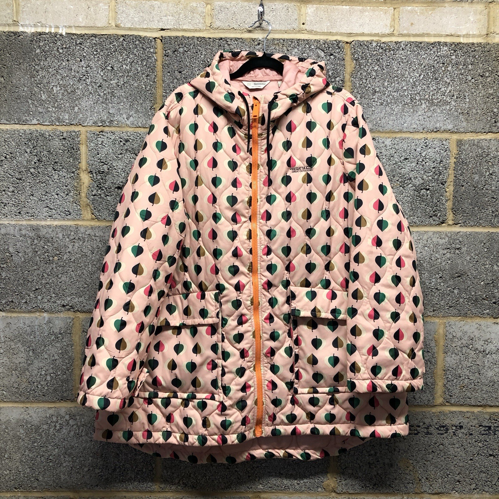 Orla Kiely Regatta Pink Leaf Tiny Elm Quilted Coat Womens UK 20 Oversized Hood
