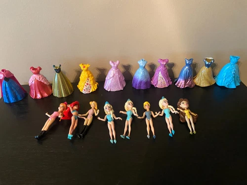 Lot of Polly Pocket Disney Princess Magic Clip 8 Dolls 10 Dresses