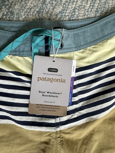 PATAGONIA Boys Wavefarer Boardshorts- Tan & Blue & Yellow Stripes- Sz 10- NWT - Picture 5 of 14