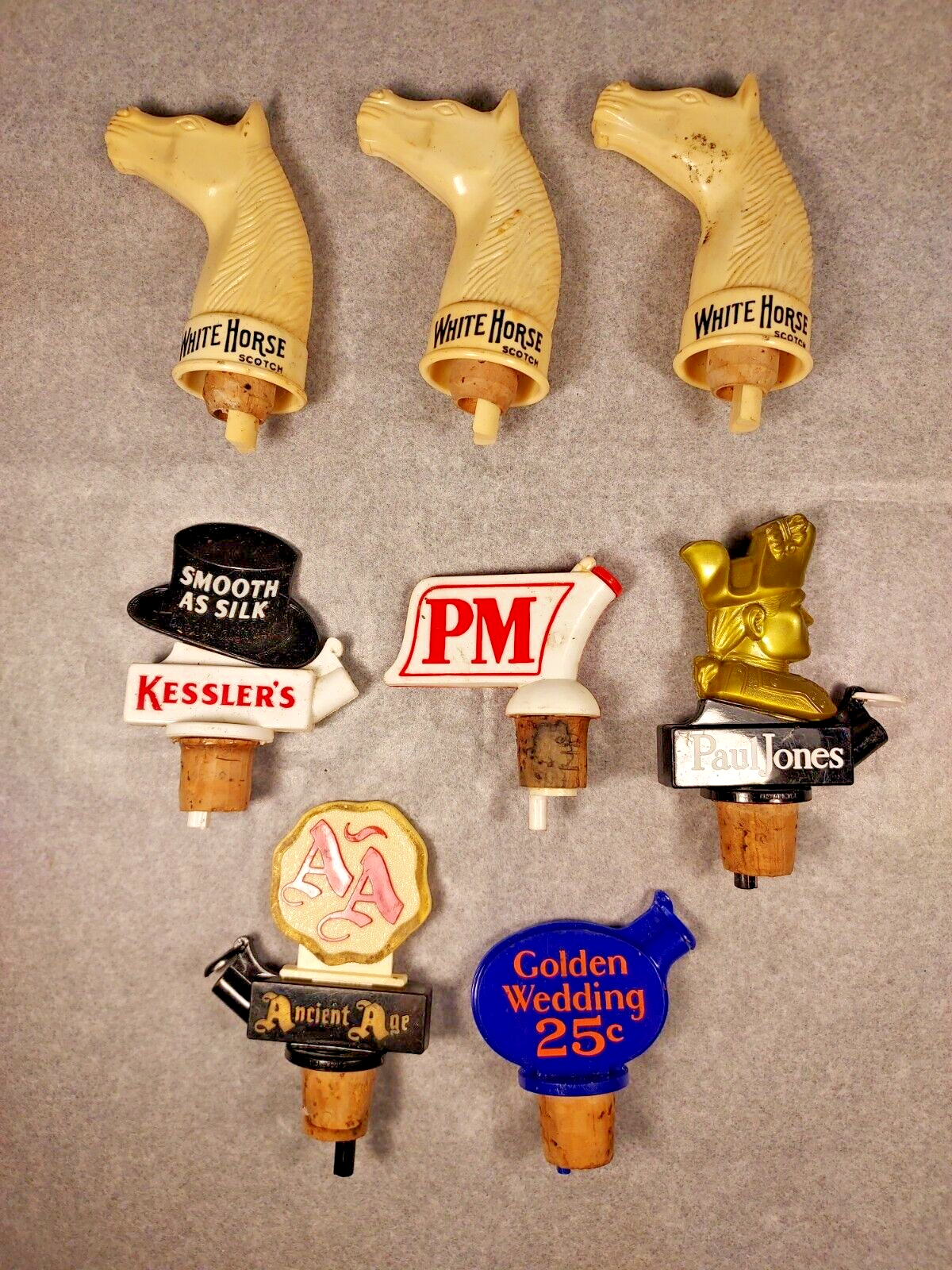 Lot of 8 Vintage Whisky Pourers Spouts Bottle Stoppers Advertising