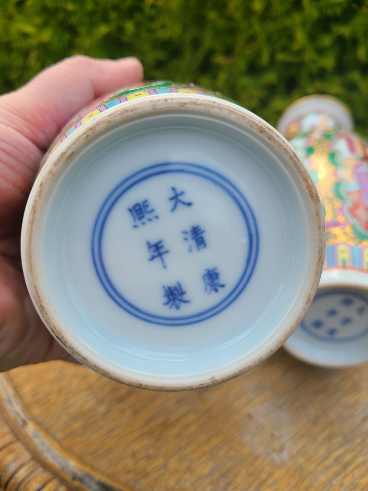 PAIR PORCELAIN BALUSTRADE VASES CHINA CANTON SIGNS BLUE CIRCLE 19TH CENTURY