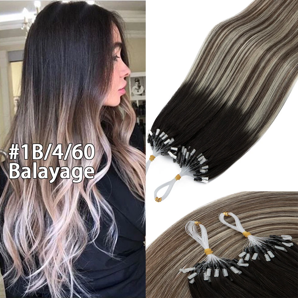Micro Anillos Eslabón Lazo Cuentas Punta 100% Real Remy Extensiones de Cabello Humano Cabeza Completa Foto 3 de 4