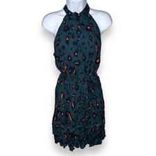 New Shein Size Medium Teal Cheetah Print Halter Dress Belted Tiered Open Back