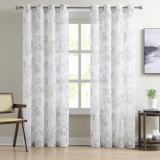 White Living Room Curtains with Flower Print and Embroidery. Sheer Textured R...