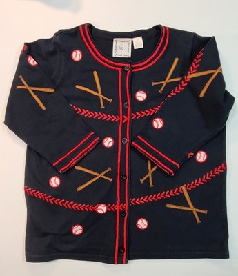 Michael Simon Baseball Motif Button-Up Cardigan Sweater Navy Long Sleeve Women L