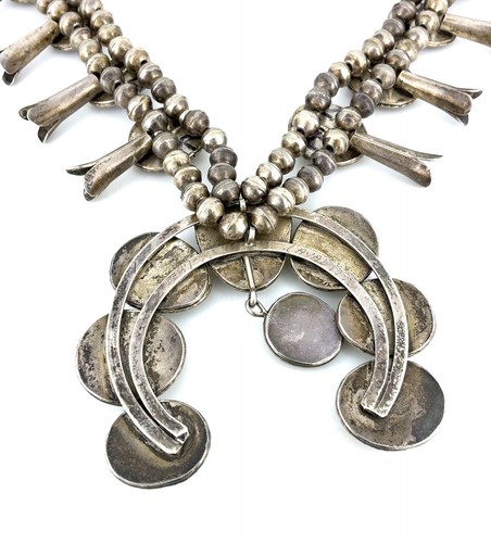 Vintage Navajo Cayaditto Turquoise Sterling Silver Squash Blossom Necklace - Picture 7 of 12