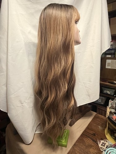 wig synthetic 28" black roots brown blond highlights bangs wavy nwot classic cap - Picture 2 of 11
