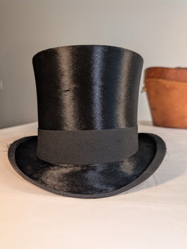 Antique Men's Silk Top Hat Henry Heath London w/ Leather Travel Hat Box & Brush - Picture 4 of 24