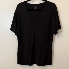 Jaanuu Womens Black Wrap Front V-Neck Scrub Top Short Sleeve XL Utility Pockets