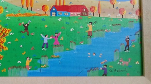 Folk Art Farm Country Scene 10x8 Signed G. Robert Americana Frame Aprox 14x12 - Picture 2 of 3