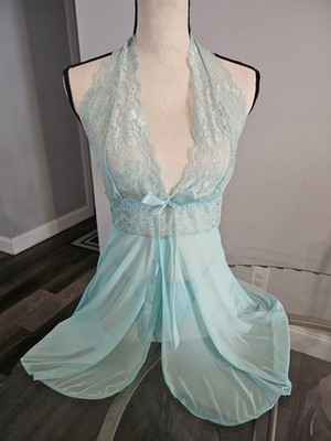 Lace Halter Style Chemise In Soft Green with Matching Thong Size Medium