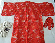 Japanese Kimono w Tie  Obi Bow Red Silk Gold  Silver Flowers Vtg  60s Pristine