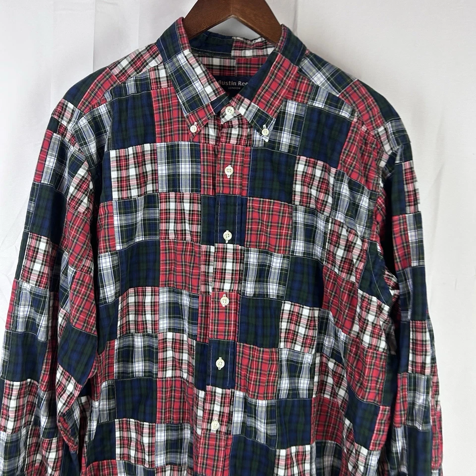 AUSTIN REED Long Sleeve Shirt Patchwork Plaid Button Down XL Red Blue White VTG - Image 2 of 4