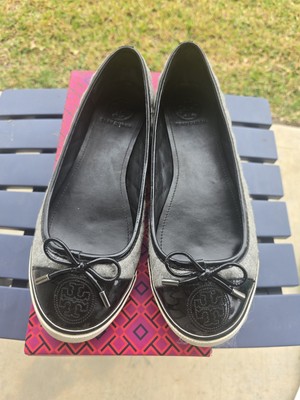 Tory Burch Ballet Flats Size 8.5M Skylar Gray Felt Black Patent Leather Luxury