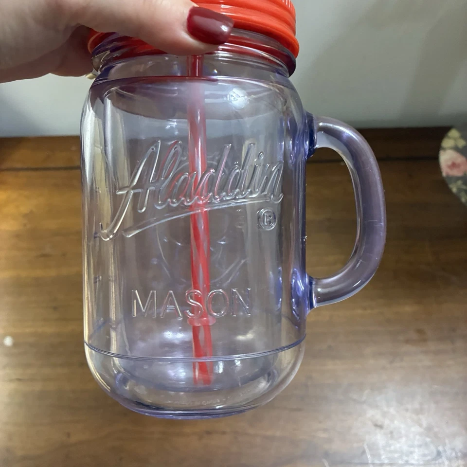 Aladdin Insulated Mason Jar Tumbler/Mug Water Blue W Red Lid&Straw 20 OZ - Image 2 of 4