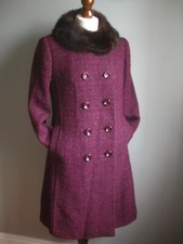 Wool Coat 12 10 Real Fur Collar Tweed Vintage Plum Retro 30s 40s Eastex Trench