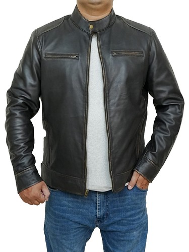 Men's New Moto Biker Cafe Racer Real Sheepskin Vintage Brown Leather Jacket - Picture 4 of 8