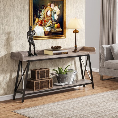 71" Long Narrow Sofa Table with Storage, 2-Tier Console Table Entryway Hallway - Picture 18 of 24