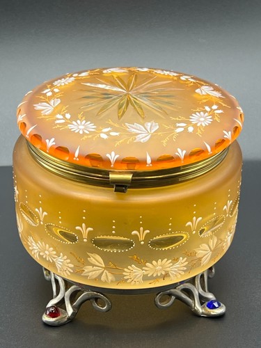 Amazing Amber Cut Glass Antique Footed Box, 5"x5"