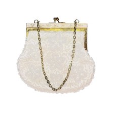 Vtg MCM Beaded Evening Bag Pocket Etched Floral Gold Tone Chain 6"W x 1"TH x 6"H