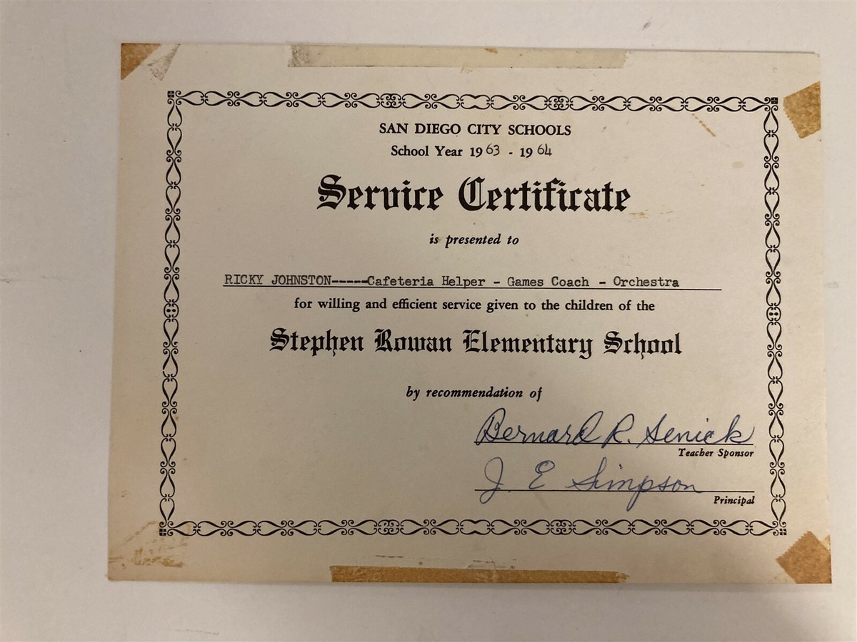 1964 Rowan Elementary School San Diego CA Service Certificate Henry High  1970