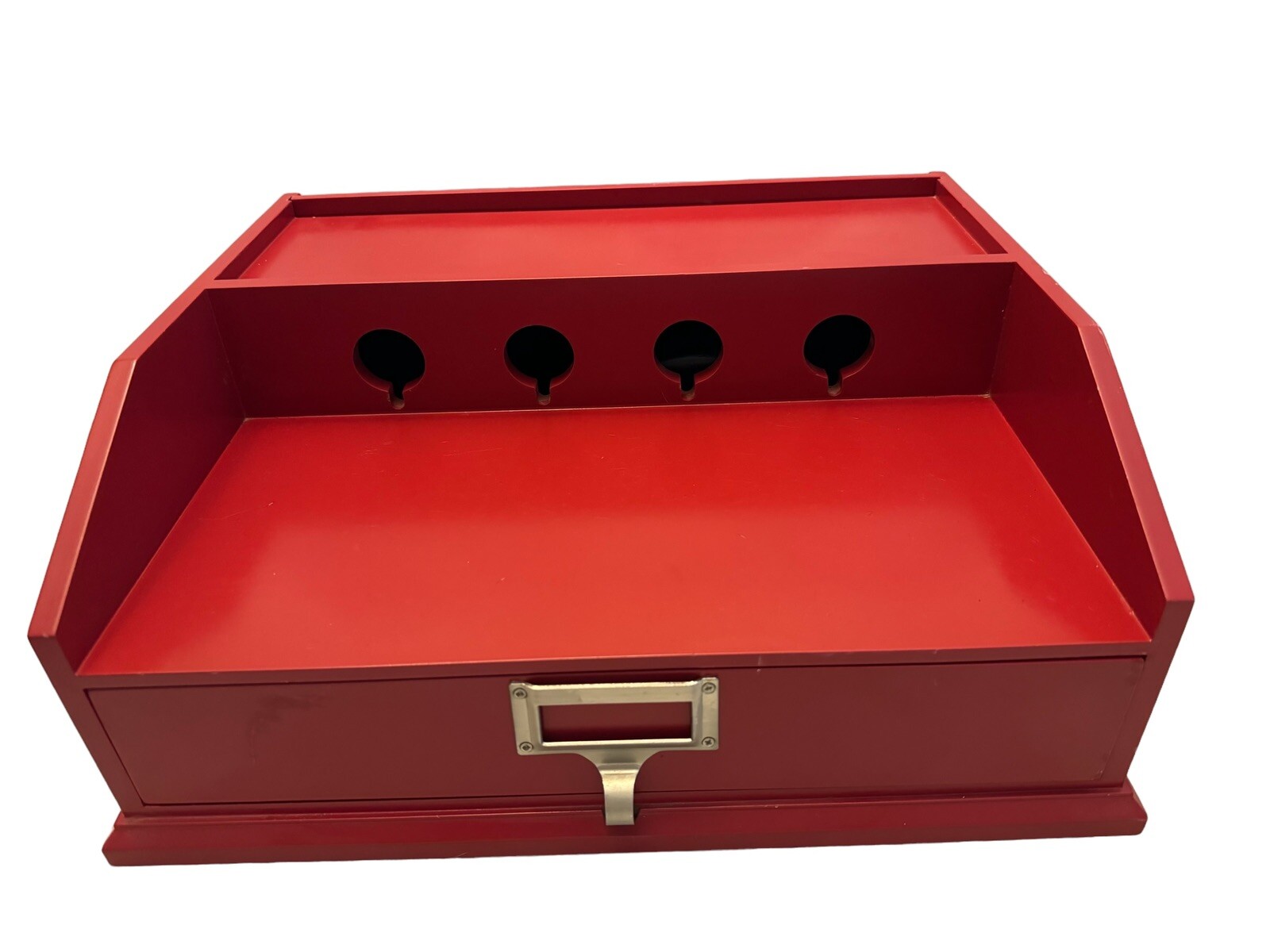 Pottery Barn Red Wood Desktop Charging Station Valet Organizer with 4 Ports and Flaw