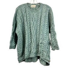 Blarney Aran Originals 3/4 Sleeve Cable Knit Wool Sweater Green Women s Medium