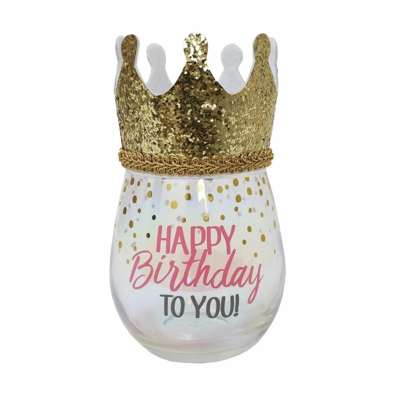 Stemless Happy Birthday Iridescent Glitter Wine Glass with Gold Crown Party Hat