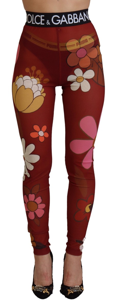 DOLCE & GABBANA Pants Red Floral Leggings Stretch Waist IT38 / US4