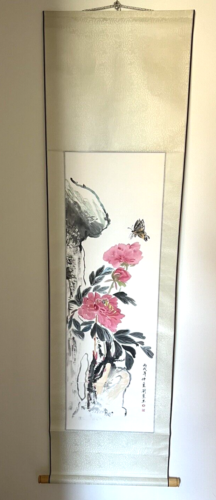 Vintage Chinese Watercolor Hanging Scroll Painting Signed Stamped 64" Tall - Picture 1 of 7